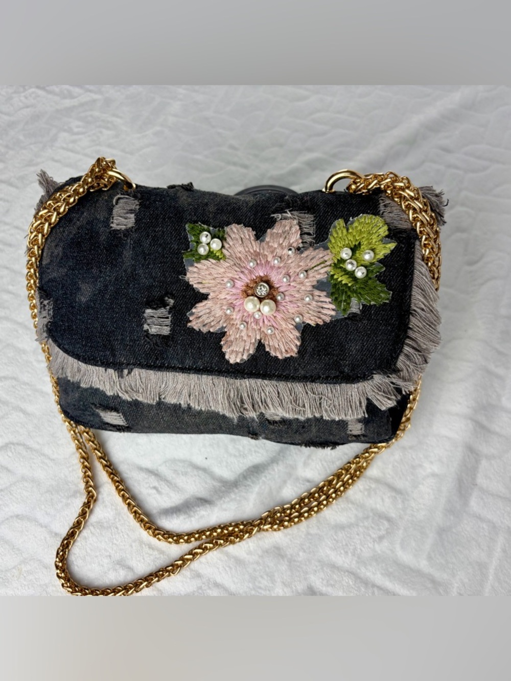 Distressed Y2K Boho inspired black Denim bag with pink 3D embroidered flower - Picture 3 of 10